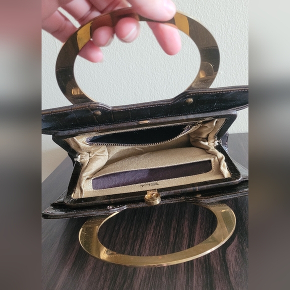 Vintage faux crocodile Block brand women's purse gold tone handle bag - Picture 3 of 14